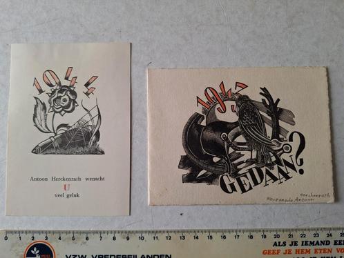 Twee houtsnedes Antoon Herckenrath nieuwjaarswensen, Antiek en Kunst, Kunst | Etsen en Gravures, Ophalen of Verzenden