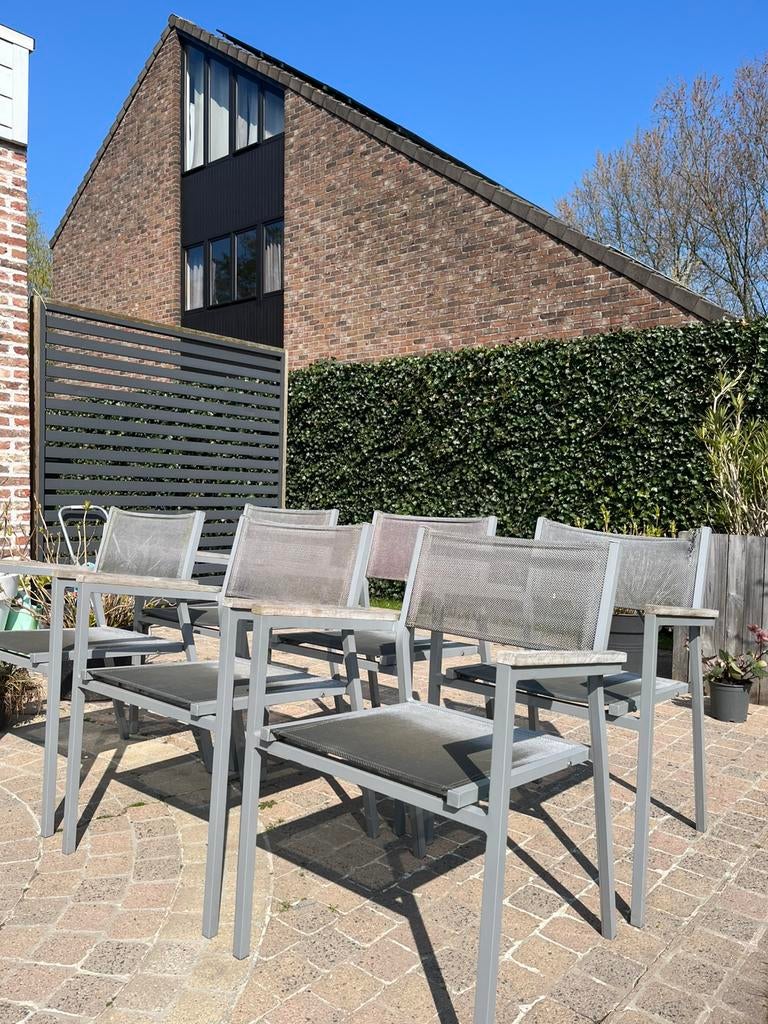 6 chaises de jardin en métal gris/teck, Chaise, Salons de jardin, Aluminium, Enlèvement
