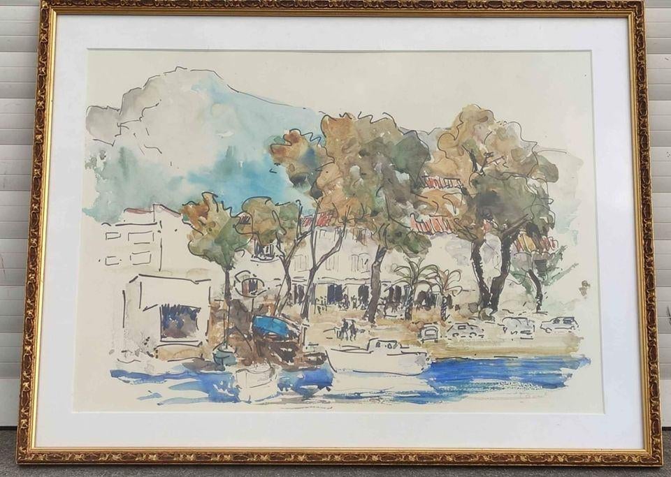 aquarelle place de village signe laout, Antiquités & Art, Art | Peinture | Classique, Enlèvement ou Envoi