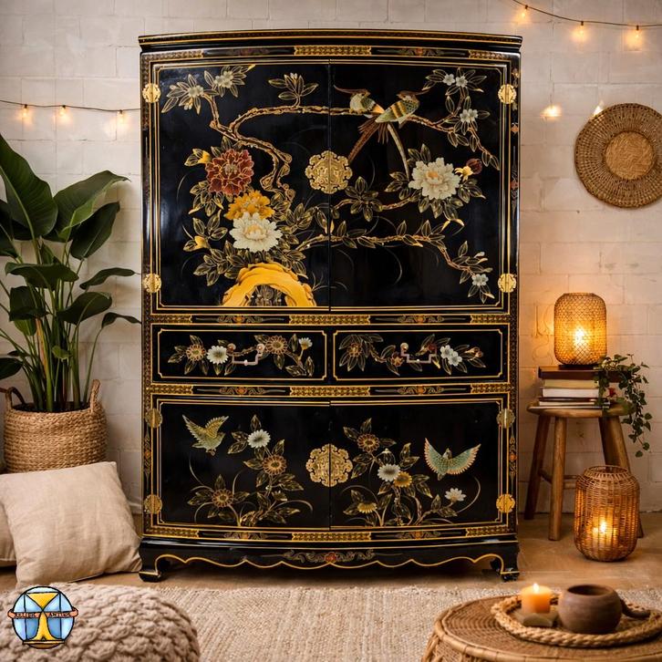 Armoire vintage chinoise laquée noire, oiseaux et fleurs, bo, Maison & Meubles, Armoires | Autre, Comme neuf, Enlèvement ou Envoi