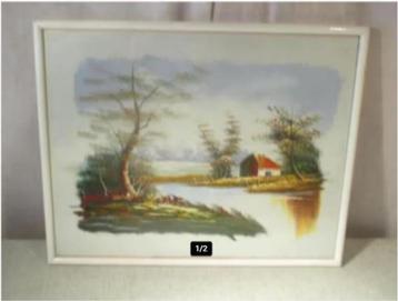 Belle œuvre peinte ancienne 'Ferme et rivière' - 52x42, Antiquités & Art, Enlèvement ou Envoi