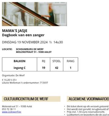 1 Ticket Mama's Jasje. Dagboek van een zanger.  65+ disponible aux enchères