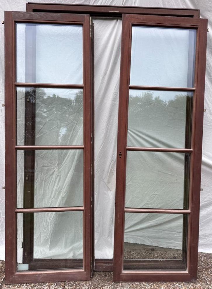 Terrasdeur in hout (Afrormosia) (2 stuk), Doe-het-zelf en Bouw, Raamkozijnen en Schuifdeuren, Gebruikt, Raamkozijn, Hout, 225 cm of meer