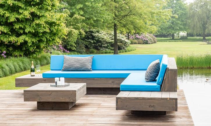 Solden 50% korting: loungebank met kussens, Tuin en Terras, Tuinsets en Loungesets, Zo goed als nieuw, Loungeset, Steigerhout