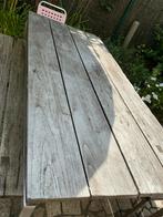 Tuintafel en banken met rvs onderstel en massief houten blad, Tuin en Terras, Tuintafels, Ophalen, Zo goed als nieuw, Vierkant
