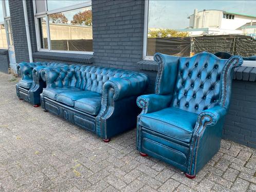 Chesterfield 3+1+1 zetels jeans blauw GRATIS GELEVERD!, Antiek en Kunst, Antiek | Meubels | Stoelen en Sofa's, Ophalen of Verzenden