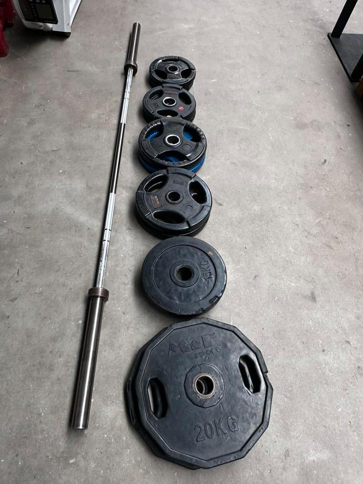 130kg Olympische Gewichten + Olympische Barbell 220cm,20kg, Sport en Fitness, Fitnessmaterialen, Gebruikt, Halterschijven, Ophalen