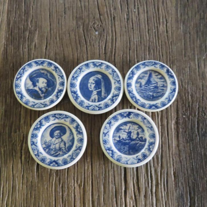 Vintage set van 5 mini bordjes in Delfts Blauw, Vermeer, Rub, Antiek en Kunst, Curiosa en Brocante, Ophalen of Verzenden