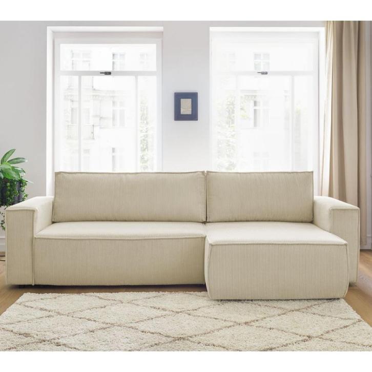 Canapé d'angle Nihad beige en velours côtelé - convertible, Huis en Inrichting, Zetels | Zetels, Nieuw, Hoekbank, Vierpersoons of meer