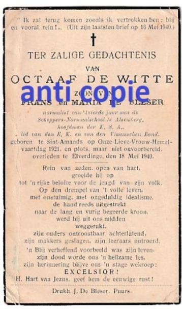 Octave De Witte Elverdinge/Ypres me, Envoi, Armée de terre, Photo ou Poster