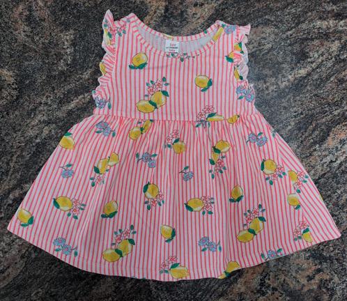 Mt 68-74 jurk fluoroze en witte strepen Citroenen en bloemen, Kinderen en Baby's, Babykleding | Maat 68, Zo goed als nieuw, Meisje
