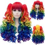 Luxe rainbow multi-color pruik met krullen en 2 staarten, Verzenden, Nieuw, Pruik of Haarverlenging