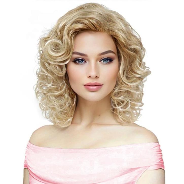 Pruik blond schouderlang krullend haar veel volume, Handtassen en Accessoires, Uiterlijk | Haarverzorging, Nieuw, Pruik of Haarverlenging