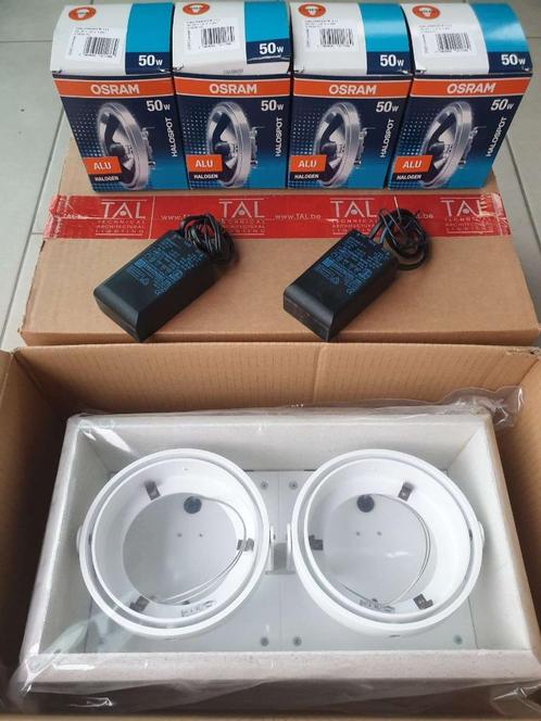 2x TAL inbouwspots INCAS R2 QR 111 BOX + MODULE + halogeen, Huis en Inrichting, Lampen | Plafondlampen, Ophalen of Verzenden