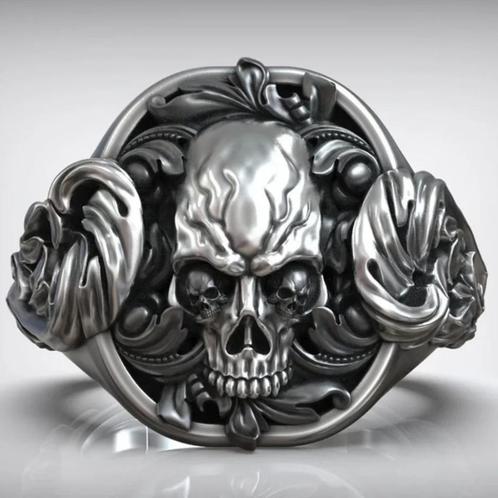 Prachtige skull ring - 925 sterling zilver, Bijoux, Sacs & Beauté, Bagues, Neuf, Femme ou Homme, Argent, Argent, Envoi