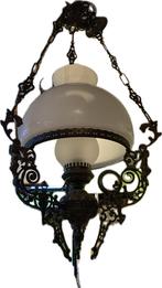 Ancien lustre suspendu bronze et verre fin blanc, Enlèvement, Comme neuf, Verre