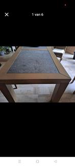 Eettafel en stoelen.Tafel met natuursteen, Huis en Inrichting, Tafels | Eettafels, Gebruikt, Eikenhout, 200 cm of meer, Vijf personen of meer