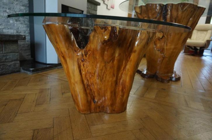 Prachtige en uniek set van 2 verzonken cypress staamtafels, Huis en Inrichting, Tafels | Bijzettafels, Gebruikt, Rond, Hout, Ophalen