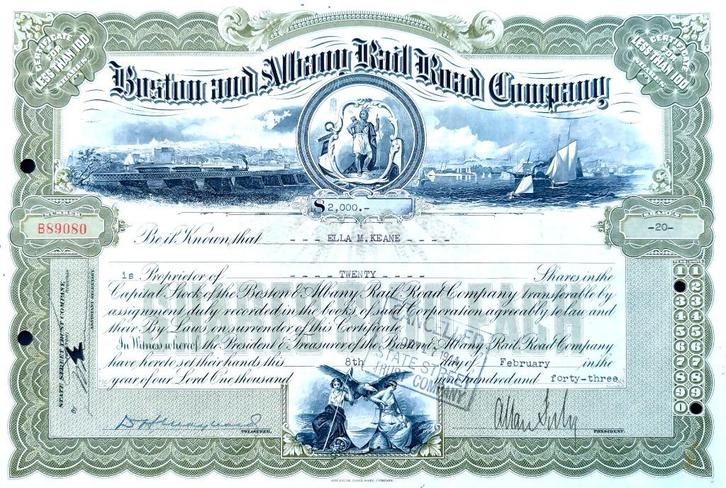 Boston and Albany Railroad Company 1943, Timbres & Monnaies, Actions & Titres, Certificat d'action, 1920 à 1950, Enlèvement ou Envoi
