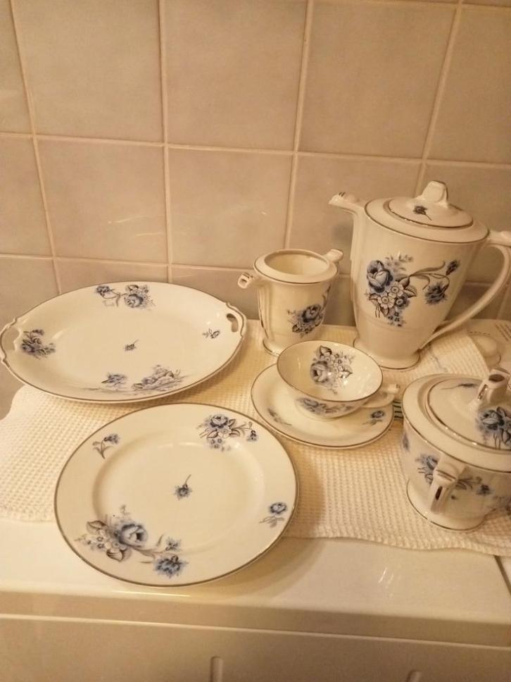 koffieset, blauw en zilver bloemenpatroon - vintage, Antiek en Kunst, Antiek | Servies los, Ophalen