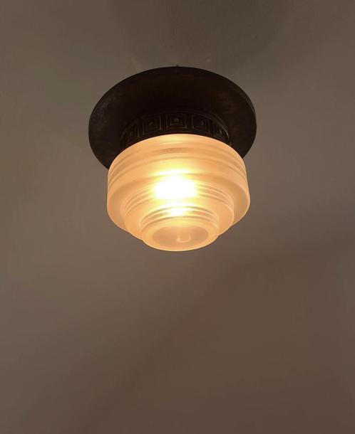 Vintage Art Deco Lamp – Koper & Frosted Glas, Huis en Inrichting, Lampen | Plafondlampen, Gebruikt, Glas, Metaal, Ophalen of Verzenden