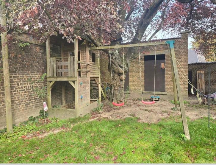 Houten speelruimte — te doneren, Kinderen en Baby's, Speelgoed | Buiten | Speeltoestellen, Gebruikt, Klimtouw, Klimwand, Schommel