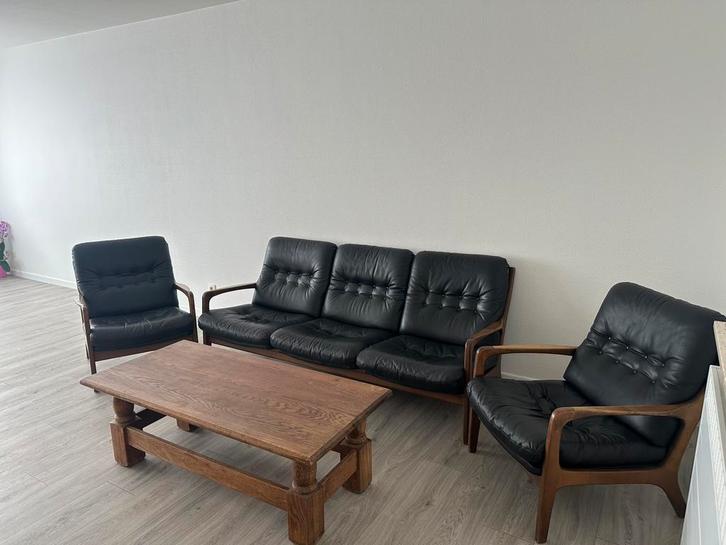 Lederen vintage salon – Eugen Schmidt – 3-zit + 2 fauteuils, Antiquités & Art, Antiquités | Meubles | Chaises & Canapés, Enlèvement