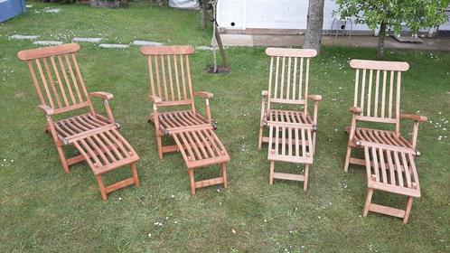 Chaises longues en teck avec coussins gris, Jardin & Terrasse, Chaises de jardin, Utilisé, Enlèvement