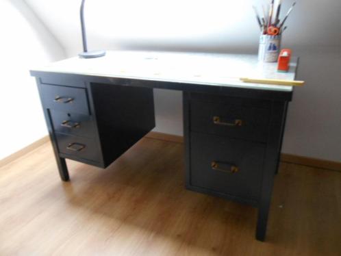 Bureau en fer bleu foncé, vintage, avec 4 tiroirs et plateau, Maison & Meubles, Bureaux, Utilisé, Bureau, Enlèvement