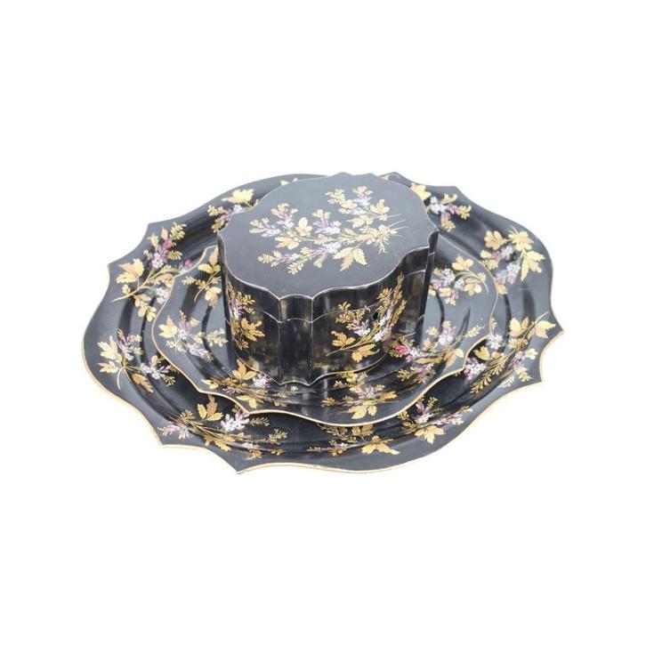 Antieke set — Doos, dienblad en onderzetter — J. Burgers, Antiek en Kunst, Curiosa en Brocante, Ophalen of Verzenden