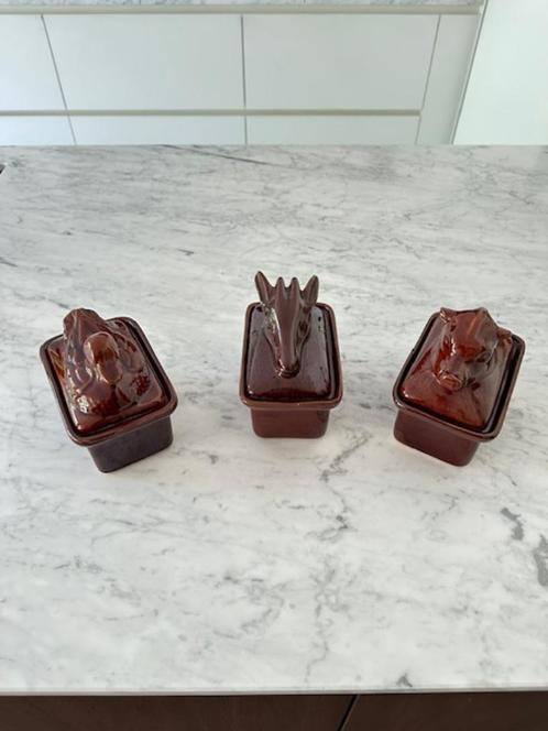 Mooie set van 3 oude vintage bruine keramieken paté schalen, Antiek en Kunst, Antiek | Keramiek en Aardewerk, Ophalen