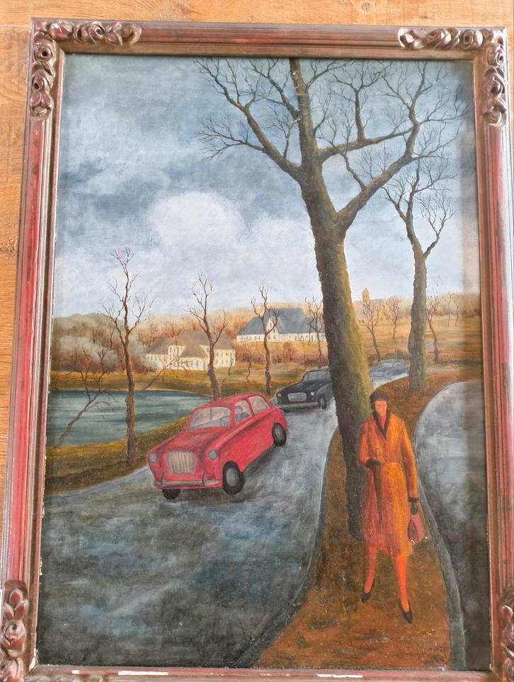 Jozef Devroey: figuratief landschap met dame en rode auto, Antiquités & Art, Art | Peinture | Classique, Enlèvement ou Envoi