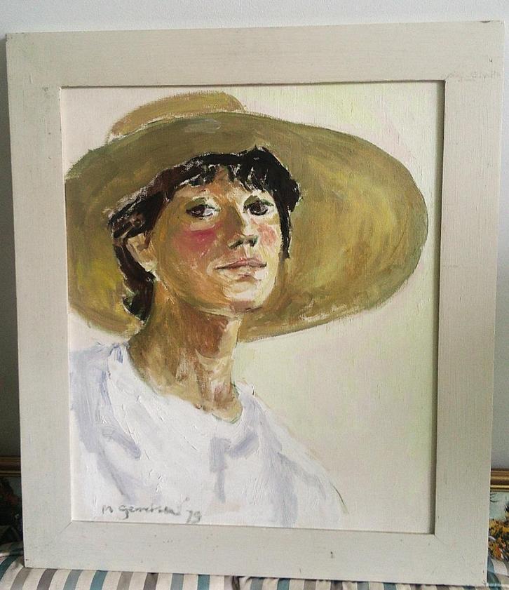 Portret vrouw met hoed '79 - Marja Gerritsen (geb. 1955), Antiek en Kunst, Kunst | Schilderijen | Klassiek, Ophalen of Verzenden