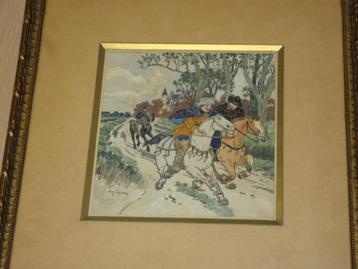 Amédée E. LYNEN cavaliers à cheval au galot aquarelle &encre