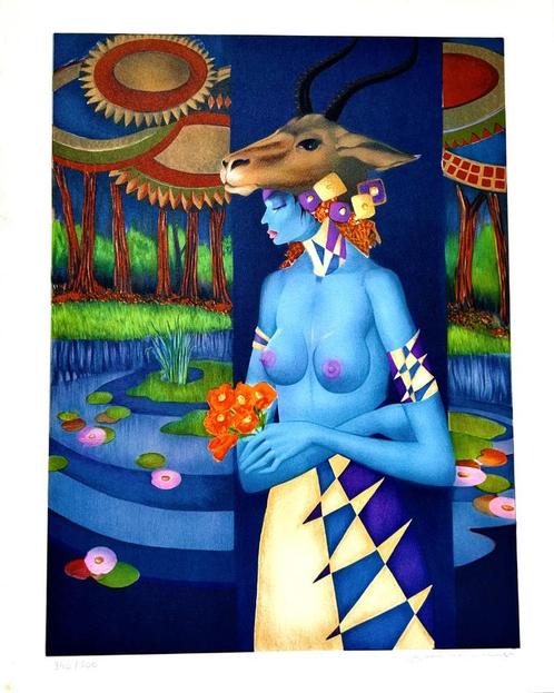 Litho Jef VAN TUERENHOUT - Blauw figuur - 63 x 52cm - SIG, Antiek en Kunst, Kunst | Litho's en Zeefdrukken, Ophalen of Verzenden