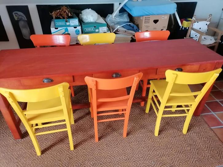 Lange eettafel met 6 stoelen oranje/geel, Huis en Inrichting, Tafels | Eettafels, Ophalen