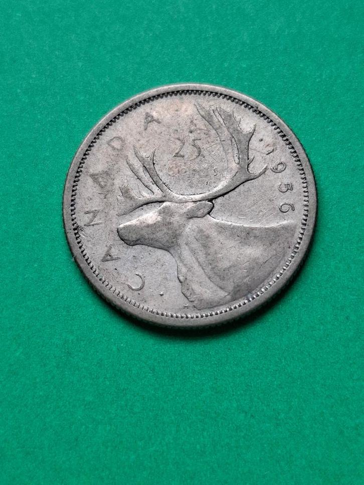 1956 Canada 25 cents in zilver Elizabeth II met kariboe, Postzegels en Munten, Munten | Amerika, Losse munt, Noord-Amerika, Zilver