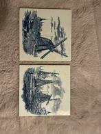 Set van 2 Belgische Delft tegels – 19e eeuw, blauw-wit, Enlèvement