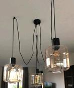 Hanglamp zwart met amber glas 3-lichtpunten dimbaar E27, Ophalen, Zo goed als nieuw, Glas