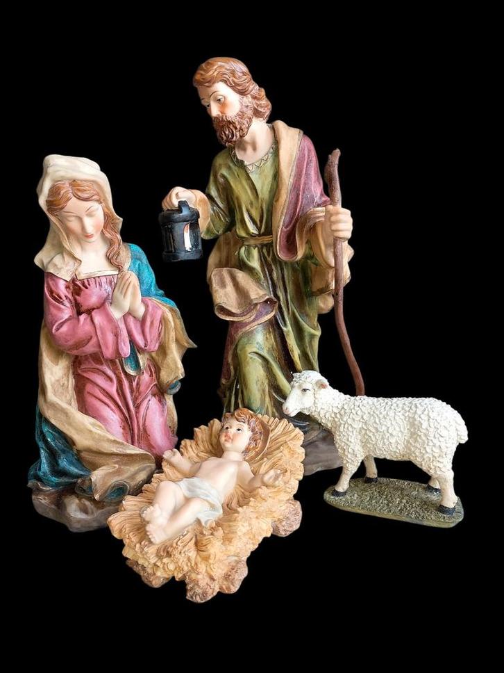 Kerststal Heilige Familie 50 cm gekleurde hars 4 stuks, Antiek en Kunst, Antiek | Porselein, Ophalen of Verzenden