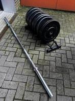 110kg Crossmaxx Bumperplates, Barbell 220cm , Opbergrek, Sport en Fitness, Ophalen, Gebruikt, Halterschijven