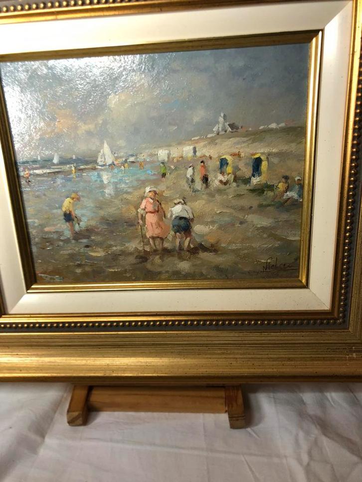 Scène de plage de Katwijk aan zee huile sur panneau, Antiquités & Art, Art | Peinture | Moderne, Enlèvement ou Envoi