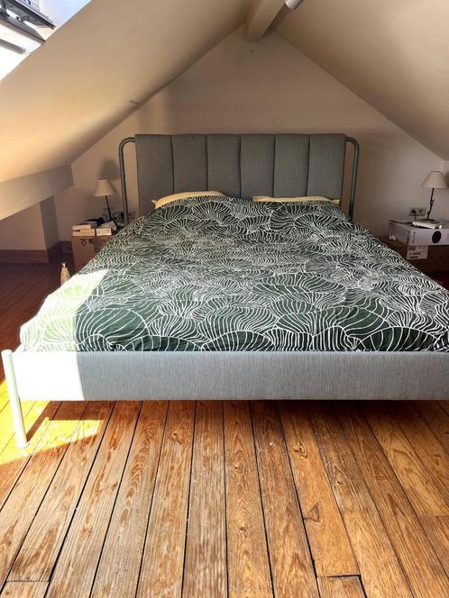 IKEA 160 bed Grijsgroen, Huis en Inrichting, Slaapkamer | Bedden, Zo goed als nieuw, Twijfelaar, 160 cm, 200 cm, Stof, Groen, Ophalen