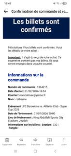 2 tickets Barcelona/Bilbao 07/01/26 Supercup 2026 in ara, Sport en Fitness, Voetbal, Verzenden, Nieuw, Overige typen