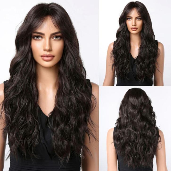 Pruik lang bruin haar met slagen en pony model Malou, Bijoux, Sacs & Beauté, Beauté | Soins des cheveux, Neuf, Perruque ou Extension de cheveux