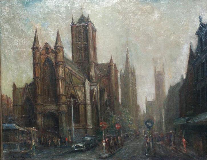 Jules Van De Veegaete (1886-1960): Sint-Niklaaskerk Gent, Antiek en Kunst, Kunst | Schilderijen | Klassiek, Ophalen of Verzenden