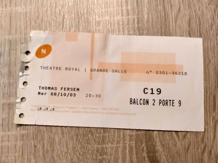 Ticket concert Thomas Fersen Théâtre de Namur 2003, Verzamelen, Muziek, Artiesten en Beroemdheden, Gebruikt, Overige typen, Ophalen
