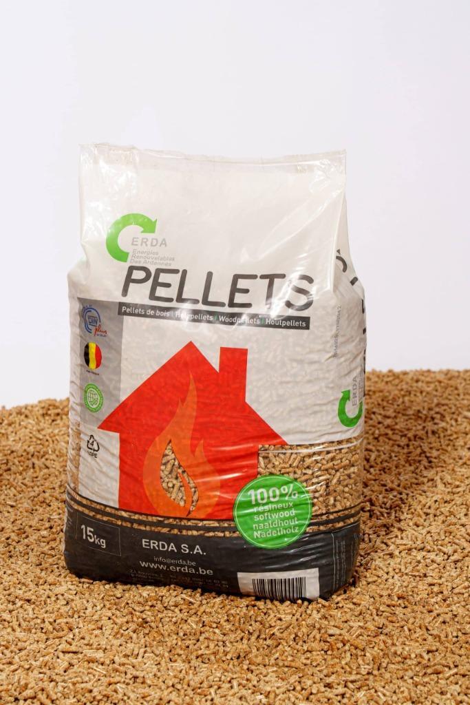 Pallet Erda pellets 65 x 15 kg à € 325, Tuin en Terras, Brandhout, Minder dan 3 m³, Ophalen