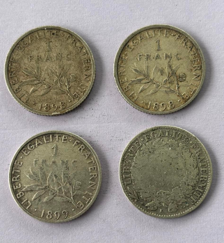 4 x 1 Fr Frankrijk (1871K-2x1898-1899), Postzegels en Munten, Munten | Europa | Euromunten, Zilver, Frankrijk, Losse munt, Overige waardes