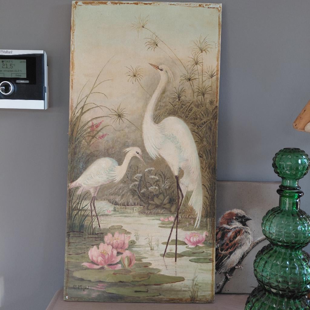 Vintage schilderij met kraanvogels, Antiek en Kunst, Kunst | Schilderijen | Modern, Ophalen of Verzenden